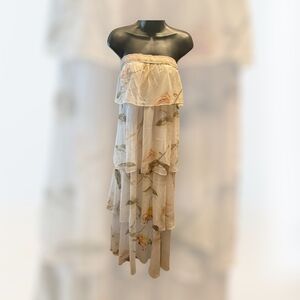 White House Black Market Strapless Cream Floral Tiered Maxi Dress